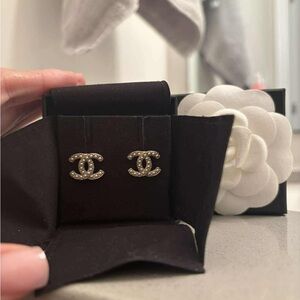 Chanel Stud Gold and Pearl Crystal Earrings